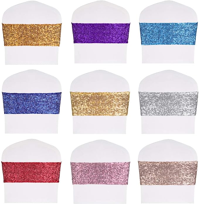 Pack of 150 Stretch Sequin Chair Sashes Chair Bands One-Sided Sequins Decor for Hotel Wedding Reception Party Event Chair Cover Decoration 4"x16" - Silver
