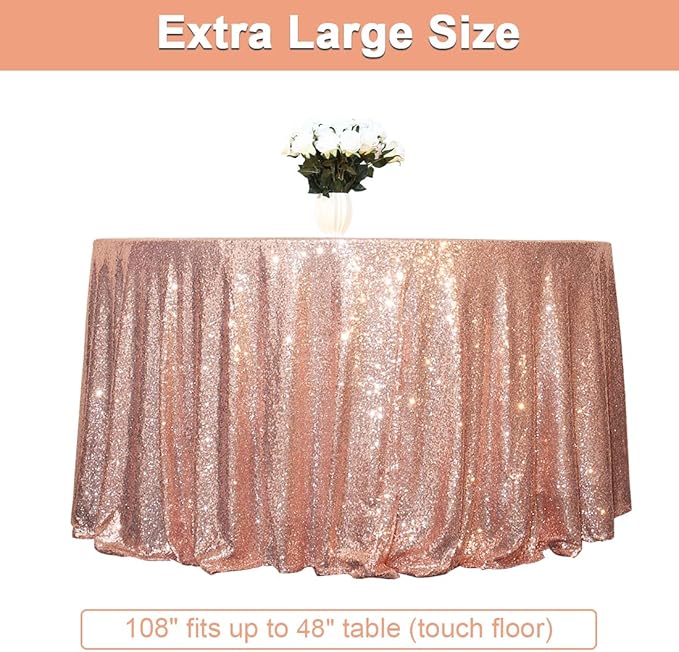 PartyDelight 108" Round Rose Gold Sequin Tablecloth High-Density 3mm Stitched Sequins Floor Length for 48-inch Round Tables Luxury Wedding & Banquet Decor