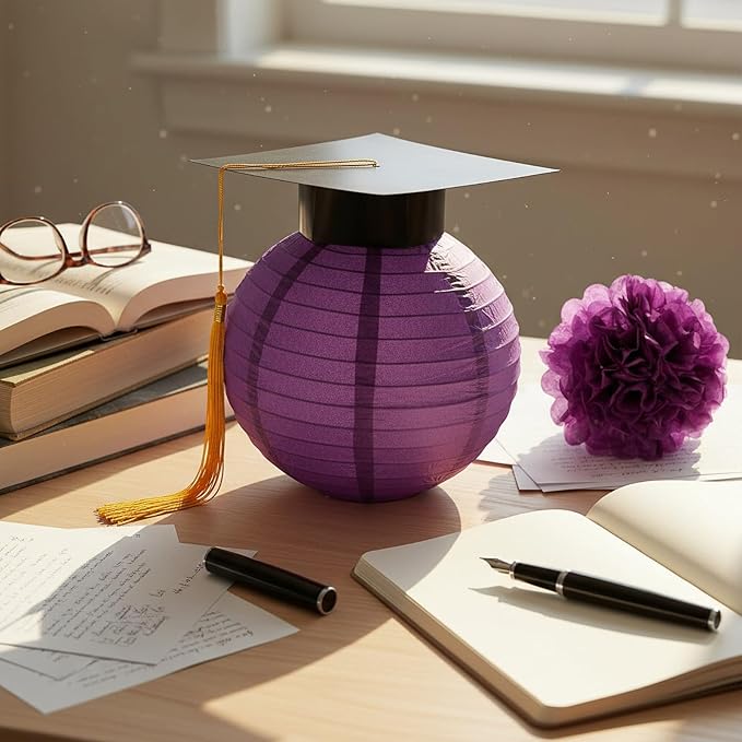 Gilprop 15 Pcs Black and Purple Graduation Decoration 2026 Paper Lanterns Graduation Party Decorations Hanging Round Paper Lanterns with Black Grad Hat Tassel for Congratulation Grad Decorations