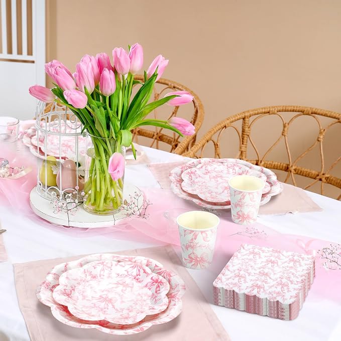 Newtay 250 Pcs Pink Bow Paper Plates and Napkins Coquette Valentine's Day Party Supplies Disposable Tableware Set for 50 Guests Pink Bow Paper Plates Napkins Cups for Baby Shower Birthday Decoration