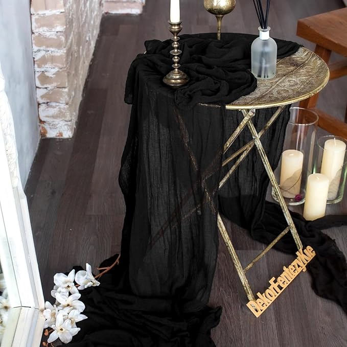 24 Pack Black Cheesecloth Table Runner 10FT Boho Gauze Cheese Cloth Table Runner Rustic Sheer Fabric Table Runners for Wedding Bridal Shower Baby Shower Party(21.5×120 Inch)