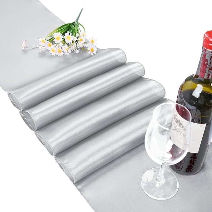 15 Pack Satin Table Runners 12 x 108 Inch Long Silver Table Runners for Rectangle Round Tables,Smooth Satin Table Runner for Wedding,Birthday Party Banquets Graduation Engagements Decoration