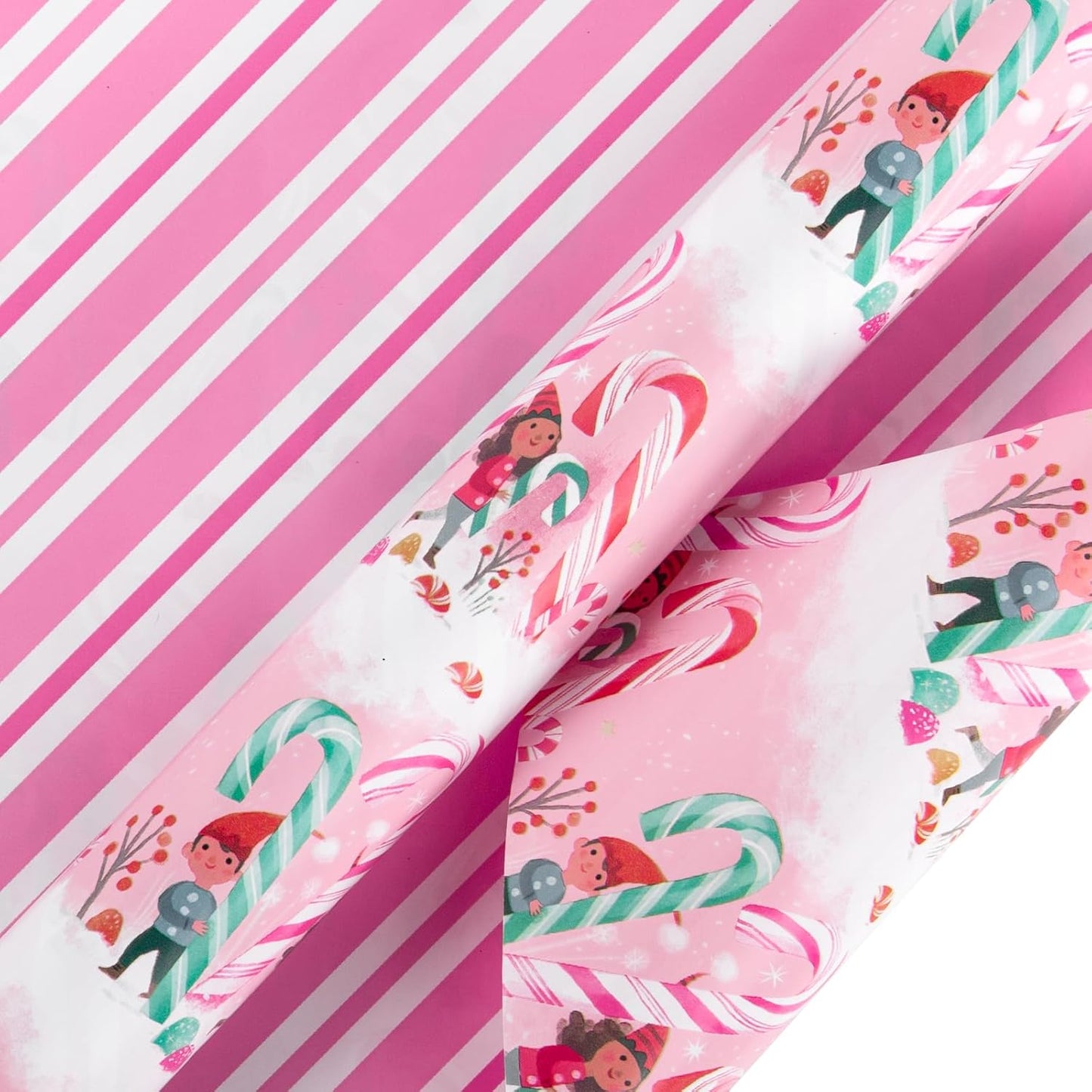 LeZakaa Christmas Pink Wrapping Paper Mini Roll for Kids, Playful Elf Cane Candy, Pink White Candy Stripes Sweet Snowy Reversible Design, 17 inches x 32.8 Feet