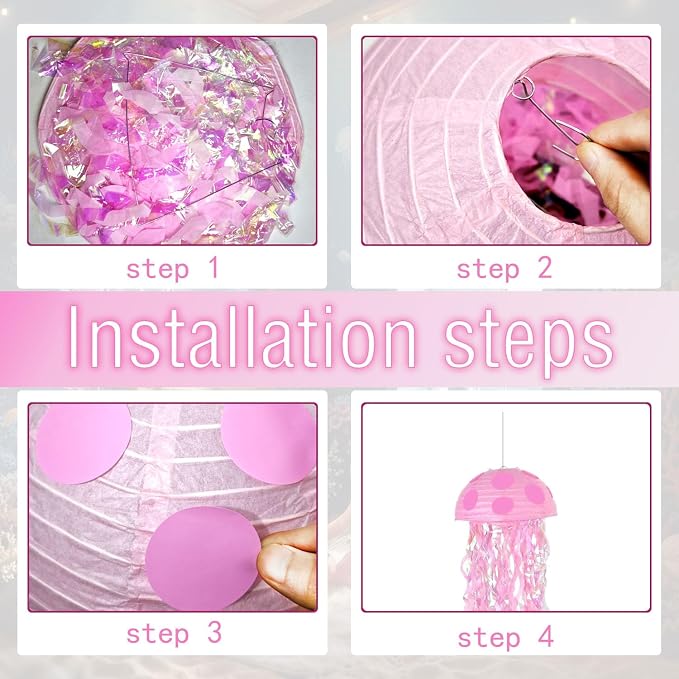 18 Pcs Under The Sea Party Decorations-6 Pcs 10'' Hanging Jellyfish Paper Lanterns -Crepe Paper Bubble Garlands for Mermaid Birthday Decorations Shower Ocean Theme Classroom & Beach Room Decor Pink