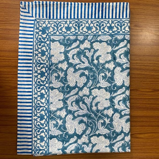 Ridhi Magic Blue Hand Block Print Cotton Rectangle Tablecloth 160" x 72" inches Reusable Table Cover Decorative Everyday Use for Dining Room, Farmhouse, Home Gift for Spring, Mother's Day