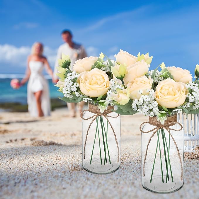 Zeyune 6 Sets Mason Jar Table Centerpiece with Artificial Peony Baby's Breath Flower Centerpieces Faux Flowers with Rope for Wedding Reception Engagement Bridal Shower Rustic Table Decor(Champagne)