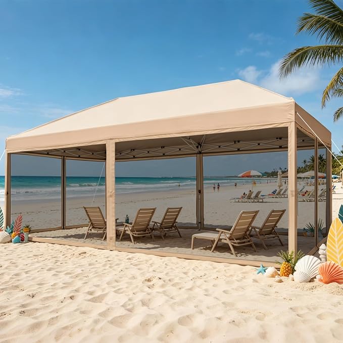 10x20 Pop Up Canopy Tent with Mosquito Netting, Ez Up Portable Waterproof Instant Outdoor Screen Shelter, Pop Up Tent for Patio, Backyard, Parties, Camping and Events, Beige