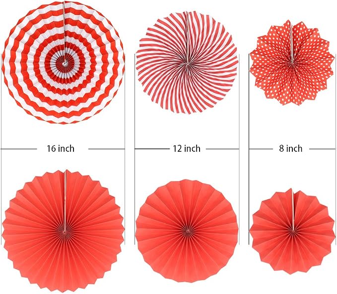 Party Hanging Paper Fans Set, Red Round Pattern Paper Garlands Decoration for Birthday Wedding Graduation Events Accessories, Set of 6