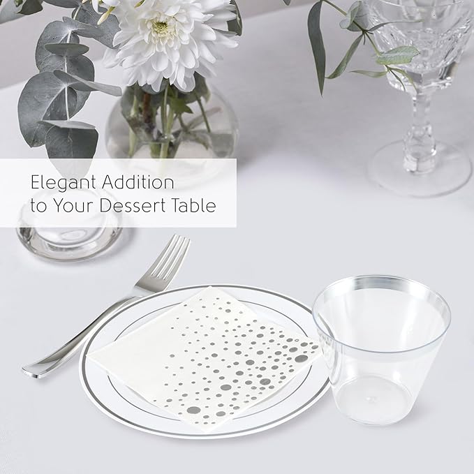 Stylish 7.5 Inch White and Silver Plastic Plates, Disposable Forks, Cups and Cocktail Napkins (100 Set), Silver Dessert Plates, Small Appetizer Plates, Disposable Cake Plates for Wedding Reception
