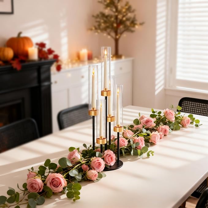 2 PCS 5-Arm Black+Gold Metal Table Candelabra Centerpiece, 22" Tall Clear Acrylic Candlesticks Holder with Shade for Valentines Day Events Party Table Centerpiece,Fit LED Candles