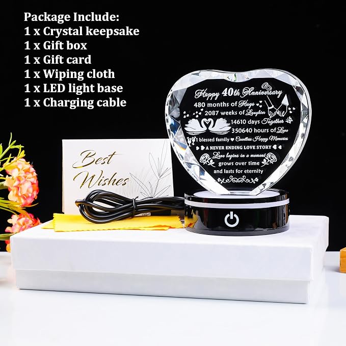 YWHL 40th Anniversary Crystal Heart Gifts for Wife Husband, Laser Engraved Romantic 40 Year Wedding Anniversary Crystal Keepsake Gifts for Her Him, 40 Years of Marriage Gift for Couples Friends
