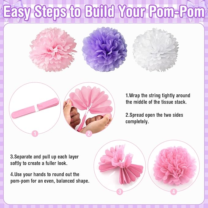 Purple Pink Bow Birthday Decorations for Women Girls, Happy Birthday Balloon Banner with Bow and Heart Foil Balloons Fringe Curtain Tissue Paper Pompoms Garland Party Supplies