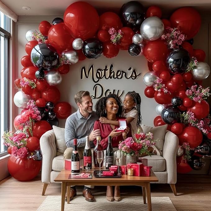 Red Black Balloon Arch, Double Stuffed Dark Ruby Red Black Silver Balloon Garland Kit Burgundy Maroon Balloons for Birthday Wedding Valentines Day Baby Shower Engagement Graduation Party Decor