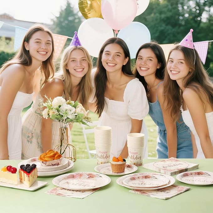 Boho Birthday Decorations for Women, Neutral Birthday Plates and Napkins Party Supplies 168Pcs, Happy Birthday Plates and Napkins Set for Boho Floral Champagne Cream Beige Party, Serve 24