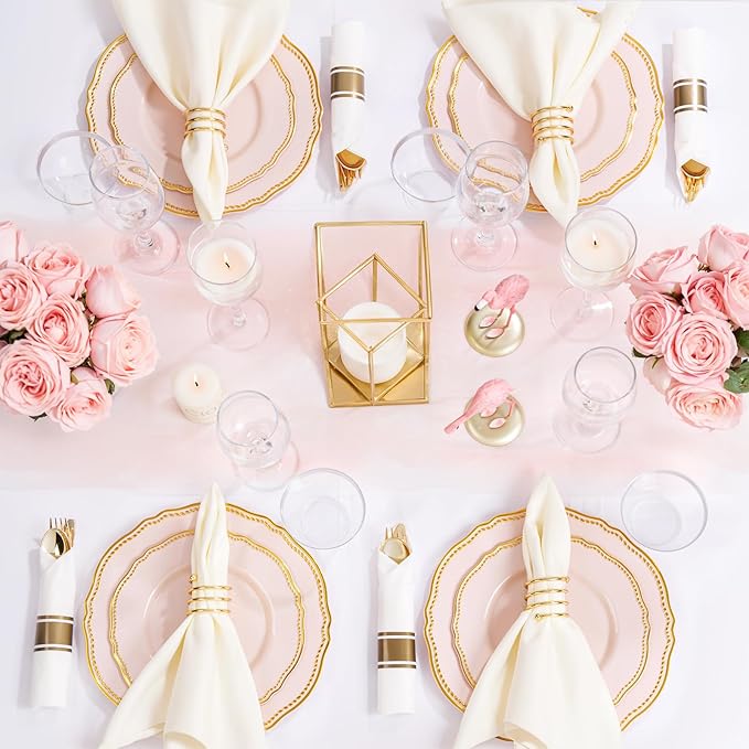 Hioasis 350pcs Pink and gold Plastic Plates - Pink Plastic Dinnerware Set Includes 50 Dinner Plates, 50 Dessert Dinnerware, 50 Cups, 50 Rolled Napkin Cutlery Perfect for Wedding & Mother’s Day