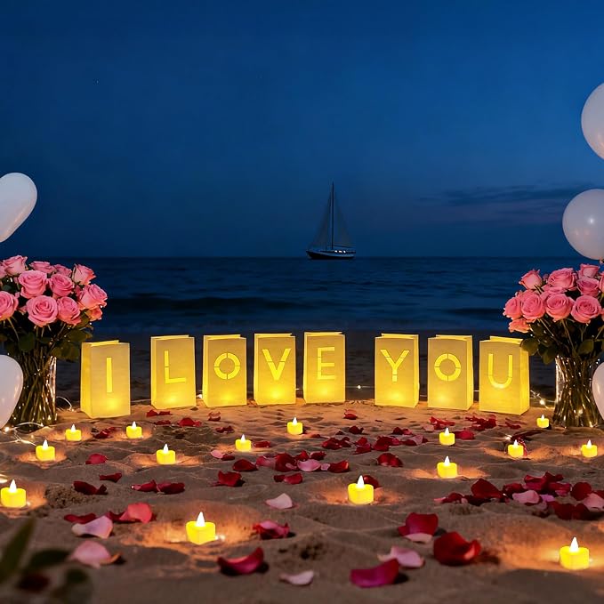 Valentines Day Decorations, Special Night Romantic Decorations - I Love You Light Up Letters Luminary Bags with Bright Flameless Tea Candles and Fake Rose Petals, Happy Anniversary