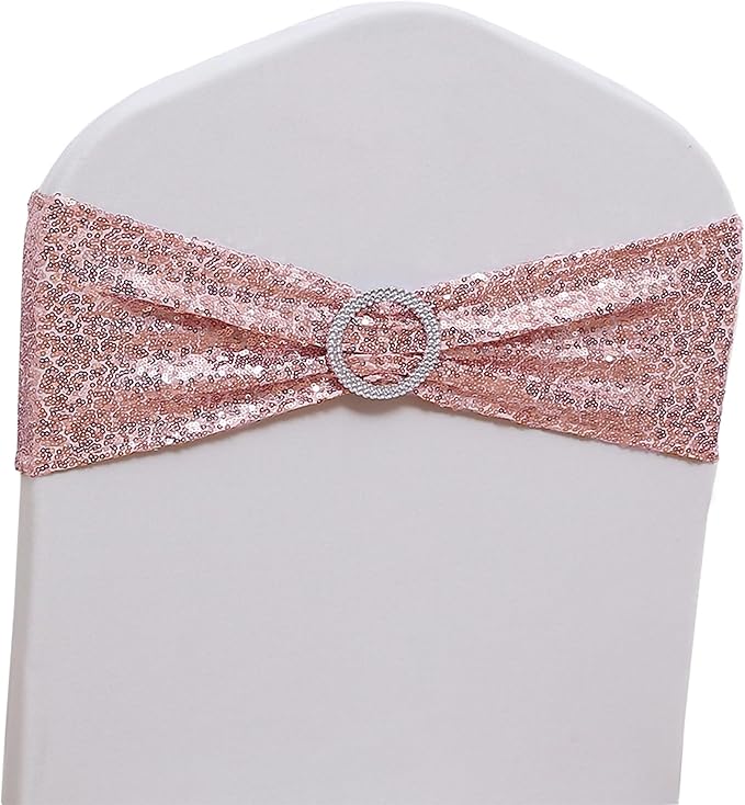 Pack of 50 Spandex Sequin Rose Gold Chair Sashes for Wedding, Chairs Bands Buckles for Party Folding Chairs Fiesta Bridal Shower Christmas Decor - Rose Gold Chair Sash Bows