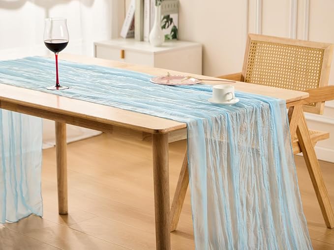 Baby Blue Spring Table Runner Boho Cheesecloth Table Runner 120 inches Crinkled Gauze Sheer Mother's Day Table Centerpieces for Wedding Ceremony Anniversary Bridal Baby Shower Banquet