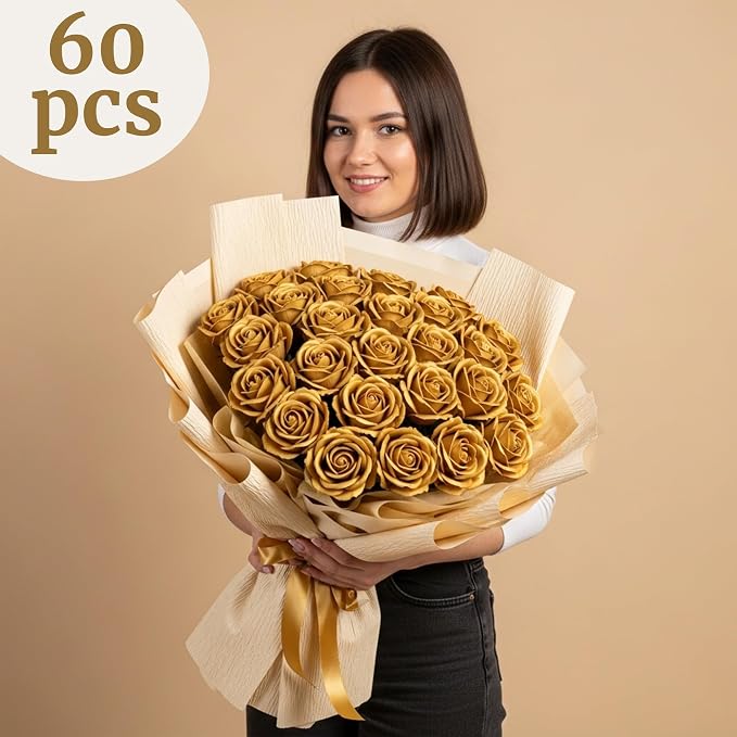 Auihiay 60PCS Gold Rose Artificial Flowers, Faux Silk Roses, Realistic Roses Bouquet for Anniversary, Baby Shower, Birthday, Graduation, Table Centerpieces, New Year's, Fathers Day Decor