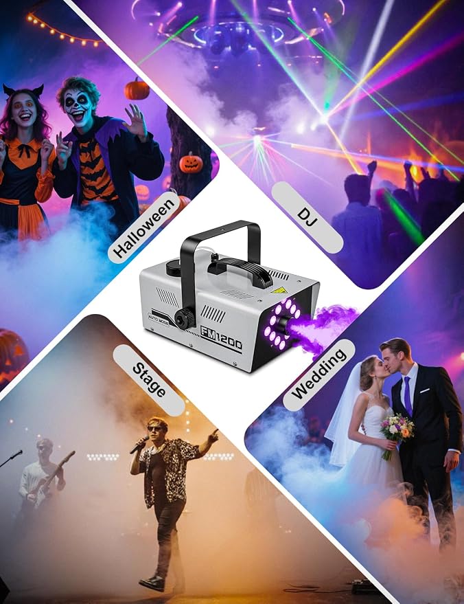 Fog Machine Outdoor Indoor 1200W, 6000CFM Smoke Machine with 12 LED Lights, 13 Colors & 4 Effects, Dual Wireless Remotes & Auto Fogger for Halloween, Parties, DJ, Stage, Wedding Events