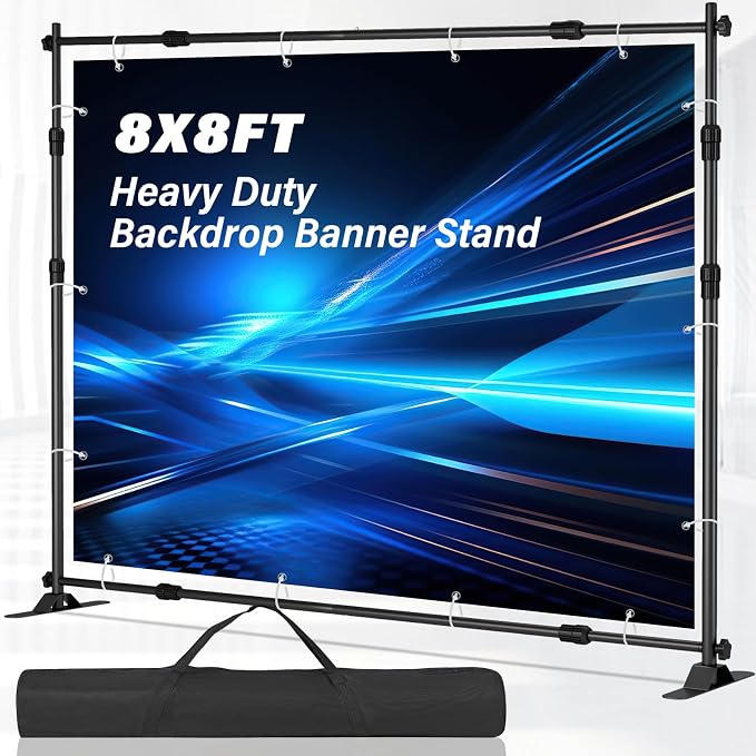 8 x 8 FT Banner Stand Kit, Adjustable Backdrop Stand for Parties, Heavy-Duty Photography Step and Repeat Stand with Portable Bag for Birthdays, Promotions, Exhibitions (Banner Not Included)
