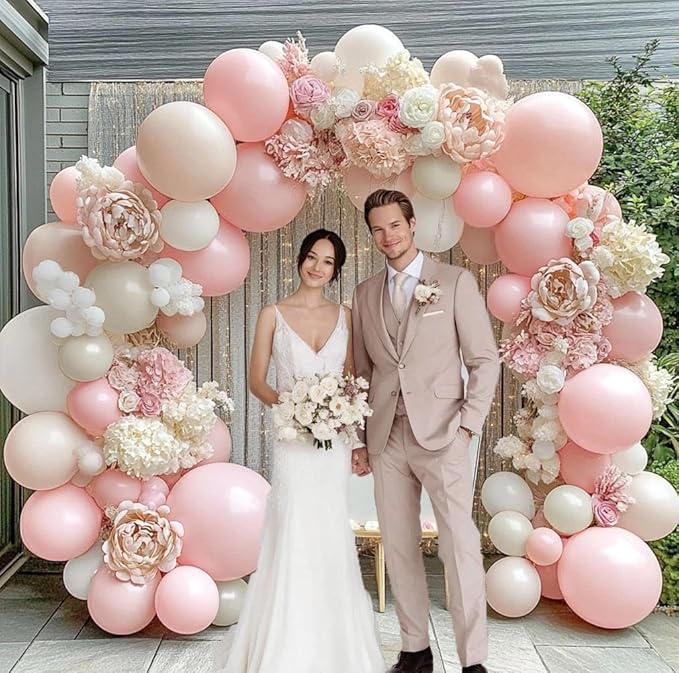 Pink White Balloon Garland Double Stuffed Pink Beige Cream Peach Pastel Balloon Arch Kit Pearl Sand White Balloons for Baby Shower Birthday Wedding Anniversary Party Decoration