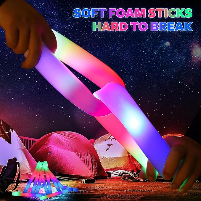 wellent 58 PCS LED Foam Glow Sticks Bulk, Glow in the Dark Party Supplies with 3 Modes Colorful Flashing, Neon Party Favors for Birthday, Wedding, Carnival, Concert, New Year Glow Sticks