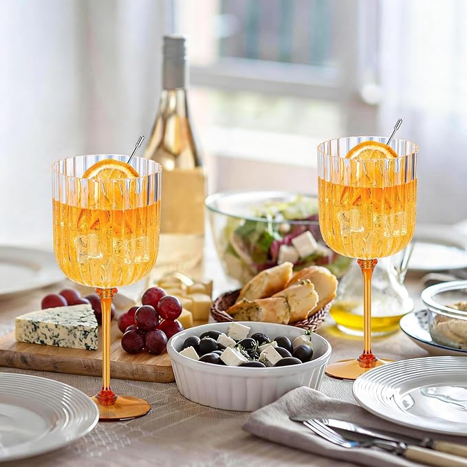 12 PCS Plastic Ribbed Wine Glasses 11oz Clear and Amber Detachable Wine Goblet Unbreakable Vintage Ripple Water Goblets Cocktail Drinking Cups for Parties Weddings Poolside Outdoors