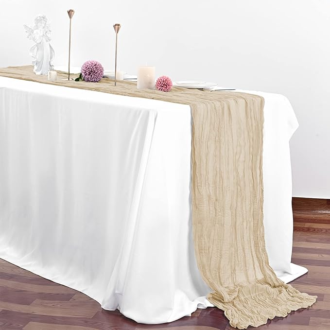 10 Pcs Beige Cheesecloth Table Runner 10FT, Gauze Table Runner for Wedding Reception Sheer Bridal Shower Birthday Party Boho Table Decoration, Rustic Romantic Wedding Runner