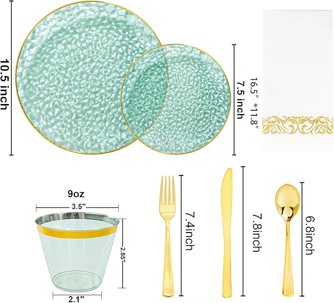 DaYammi 175 Pcs Green Plastic Plates Dinnerware Set (25 Guests), Hammered Plates Sets, Green Party Platos Set include 50 Disposable Platos, 75 Gold Plastic Silverware, 25 Cups 25 Napkins