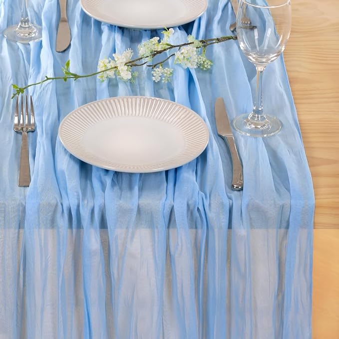 MLMC 8 Pack Baby Blue Table Runner Blue Baby Shower Decorations 10ft Rustic Gauze Light Blue Cheesecloth Table Runner 35x120 Inches for Gender Reveal Birthday Wedding Party Decor