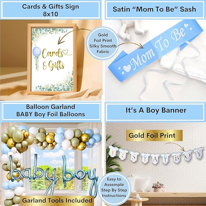 MEGA 254 Pc Watercolor Dusty Blue And Sage Green Baby Shower Decorations Boy, Gender Neutral Balloons Garland Kit, BABY boxes, Backdrop, Banners, Cake Topper, Tablecloth, Plates Napkins, Cups Utensils