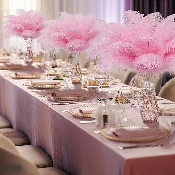 Hanaive 150 Pcs Ostrich Feathers Set Bulk Plumes 12-14 Inch (30-35cm) 70 Pcs Large Ostrich Feathers with 80 Sticks and Tape for DIY Crafts Wedding Home Party Centerpiece Decorations (Pink)