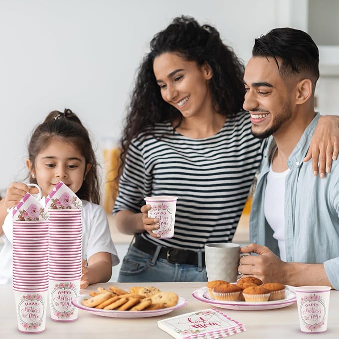 Jenaai 200 Pcs Mother's Day Tableware Set Serve for 50 Guests 9" Dinner Plates 7" Dessert Plates Paper Cups and Napkins Set for Happy Mother's Day Gifts Dinnerware Tableware Disposable Party Supplies