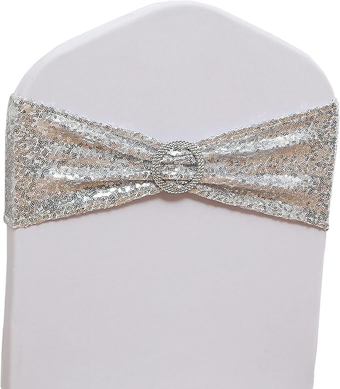 Pack of 50 Spandex Sequins Chair Sashes Silver Chair Bands with Buckles, Chairs Bows Ties for Party Wedding Fiesta Decor - Sequin Silver Chair Sash