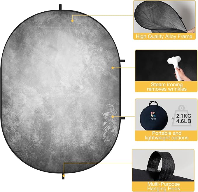 Kate 5x6.5ft(1.5x2m) Collapsible Backdrop Folded Microfiber Professional Grey and Black Double-Sided Pop up Collapsible Background for Photography