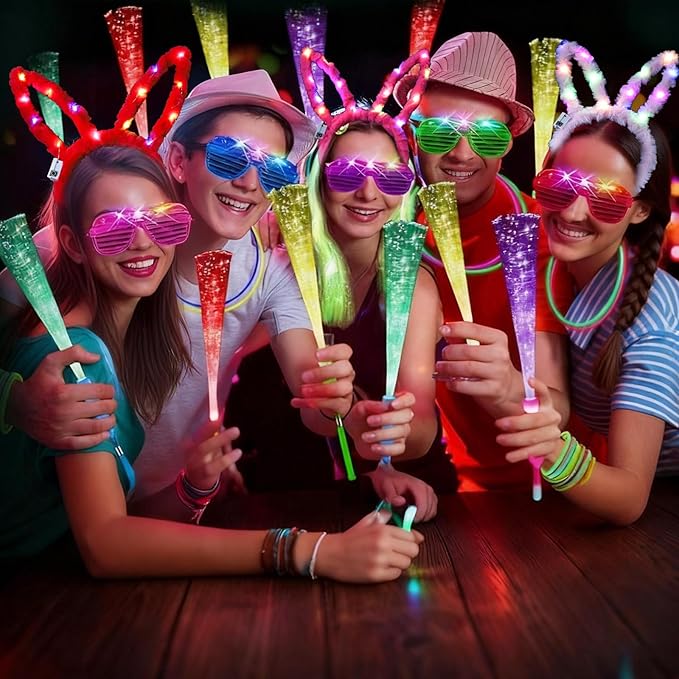 186 PCS Glow in the Dark Party Supplies,16 Foam Sticks,10 Glow Fiber Wands, 10 LED Glasses, 10 Glowing Rabbit Ears,100 Glow Sticks and 40 Finger Lights for Neon Party Birthday Carnivals Halloween