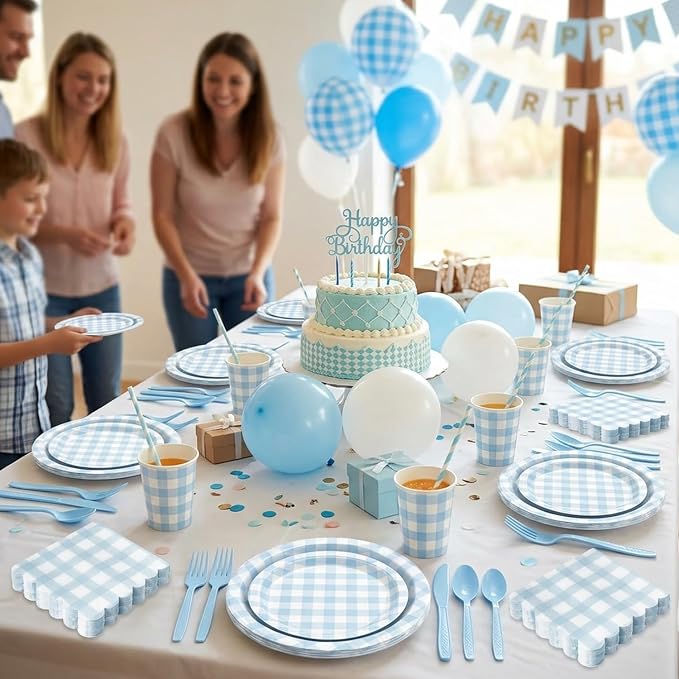 LINHAXM 175 PCS Blue Gingham Party Supplies for 25 Guests Includes Light Blue Gingham Paper Plates, Cups, Napkins, Cutlery for Dinner Wedding Bridal Shower Birthday Baby Shower Party Decorations