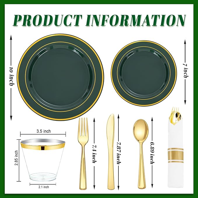 WDF Partyware 350PCS Green and Gold Plates - Green Plastic Plates 50Guests Plastic Plate with Rolled Napkins for Party/Birthday