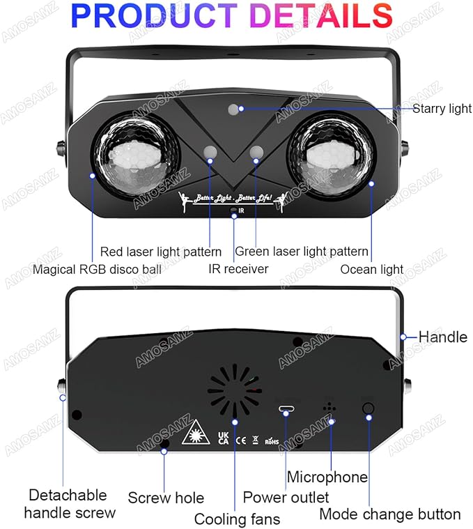 Disco Lights Disco Ball, Sound Activated Party Light with Roating Disco Ball,Star Projector,Ocean Light and Laser Lights for Party DJ KTV Club Wedding Festivals Stage Dancing Christmas