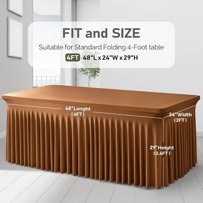 2 Packs Brown Spandex Tableclothes for 4 Foot Rectangle Tables, Wrinkle Free 4ft Fitted Table Cover Stretch Table Cloth Desk Skirt for Weddings Baby Shower Birthday Party Banquet Decorations