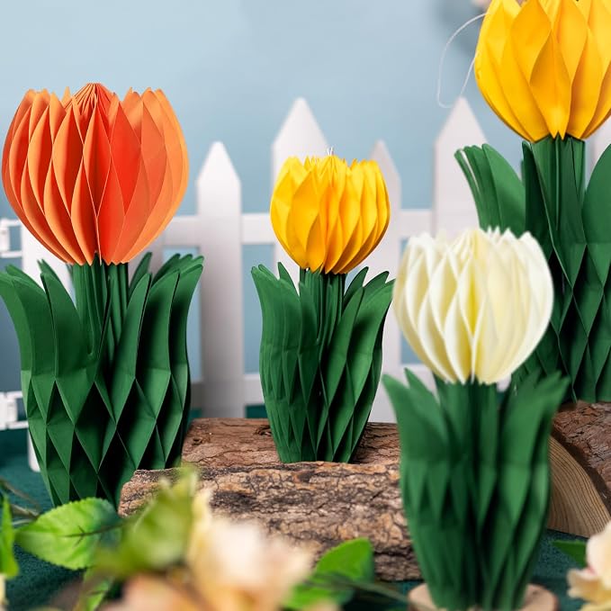SUNBEAUTY 8PCS Flower Honeycomb Decoration Spring Decorations for Office Spring Table Decor Tulip Honeycomb Flower Mother's Day Decoration Orange Tulip Decor Spring Decor Tulips Table Centerpieces