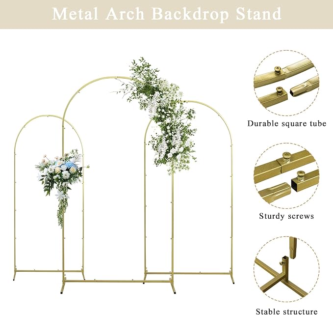 Gawicpy Wedding Arch Backdrop Stand Set Metal Arch Backdrop Stand with Wedding Arch Cover, Wedding Balloon Arch Backdrop Stand for Birthday, Baby Shower, Anniversary (Beige, 5.9FT+6.6FT+7.2FT)