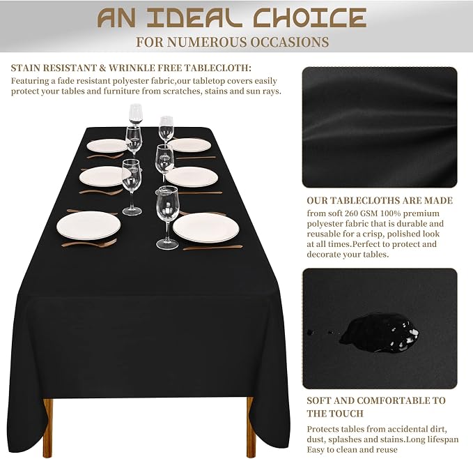 Showgeous 8 Pack Black Rectangle Tablecloth, 60 x 102 Inch, Wrinkle Resistant, Washable Polyester, Perfect for 6ft Table, Weddings, Parties, Camping