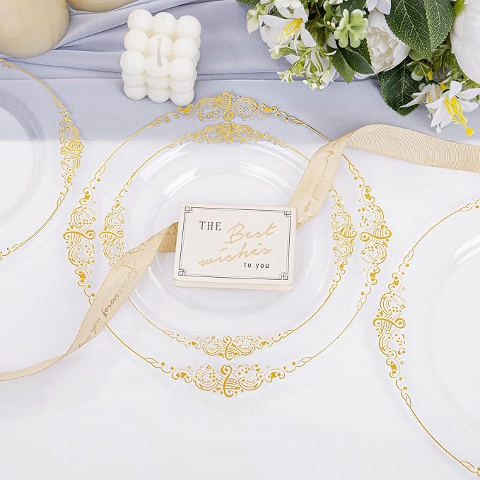 102PCS Clear Gold Plastic Plates - Clear Disposable Plates with Gold Rim - Elegant Party Plate Include 51PCS Dessert Plates, 51PCS Dinner Plate for Weddings & Parties