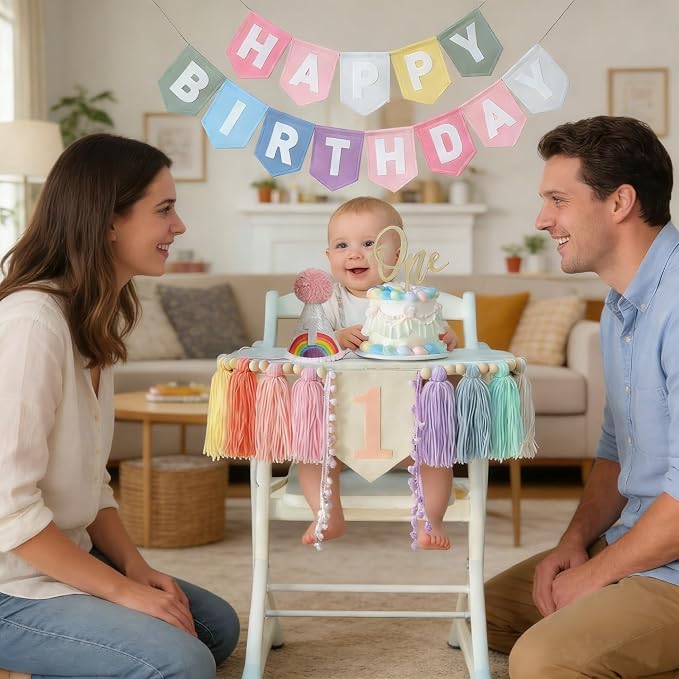 Pastel Rainbow 1st Birthday High Chair Decorations- Boho Macaron Felt Happy Birthday Banner First Birthday Highchair Banner With One Cake Topper & Party Hat, 1st Birthday Party Decorations