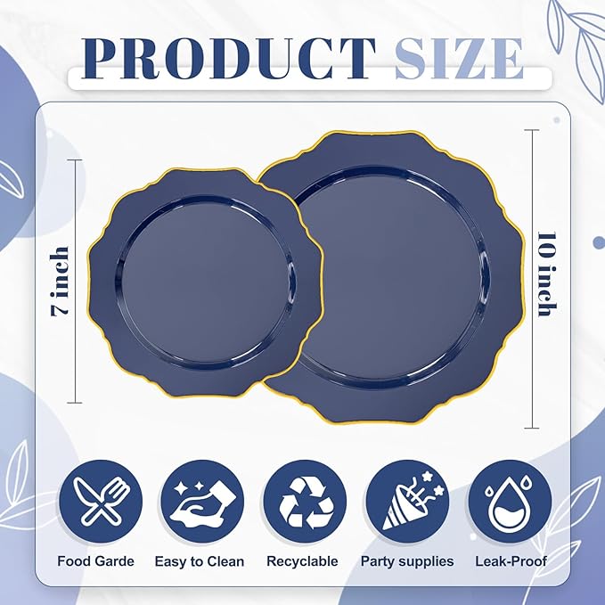 WDF 200pcs Blue Plastic Plates - Navy Blue Plates Disposable - Heavy Duty Plastic Plate for Weddings/Parties/Birthday/Graduation