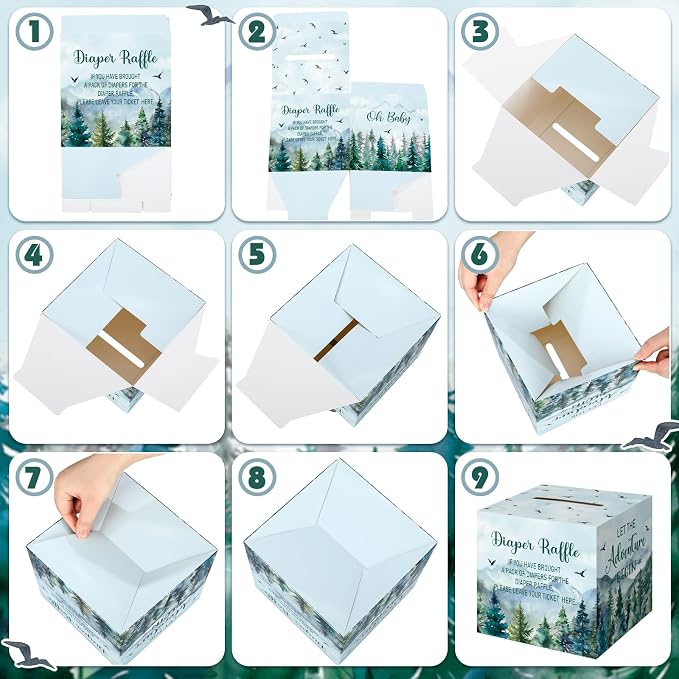Teling 51 Pieces Diaper Raffle Tickets with Card Box Baby Shower Decorations Baby Shower Holder Box for Girl Boy Diaper Raffle Party(Let the Adventure Begin)