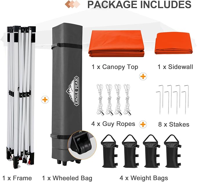 EAGLE PEAK Commercial Canopy 12x12 Pop Up Canopy Tent with 1 Sidewall, Easy Setup Heavy Duty Instant Event Shelter for Vendors & Markets, Outdoor Sun Shade, Orange