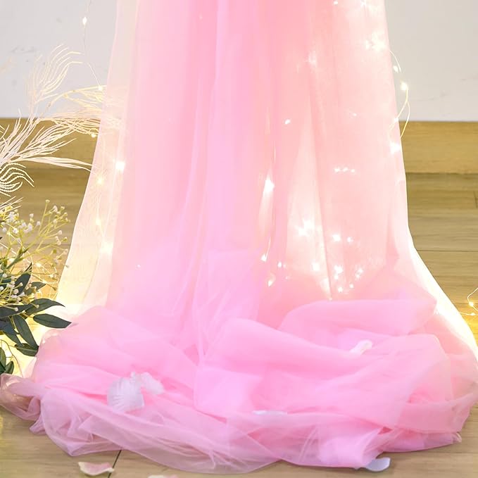 10ft×12ft Pink Tulle Backdrop Curtains with Lights String for Parites Pink Sheer Backdrop Curtains for Baby Shower Girls Birthday Party Wedding Bridal Shower Photo Shoot Background 2 Panels 5×12ft